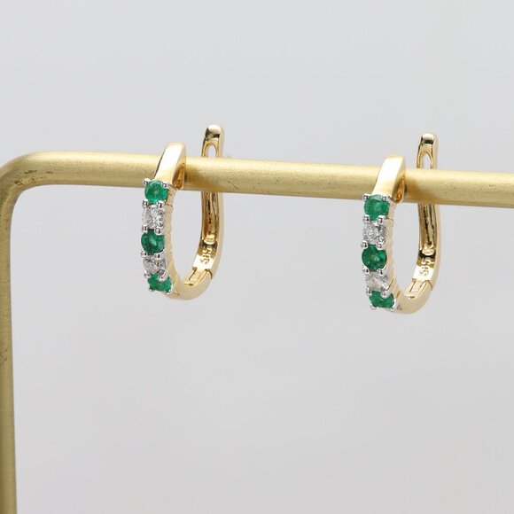 14k small Emerald Huggie Earrings Very cute Emeralds and Diamonds Earring - Picture 5 of 7